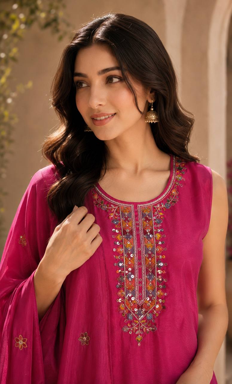 Magenta Pink Ethnic Kurta Set Featuring Intricate Multicolor Embroidery