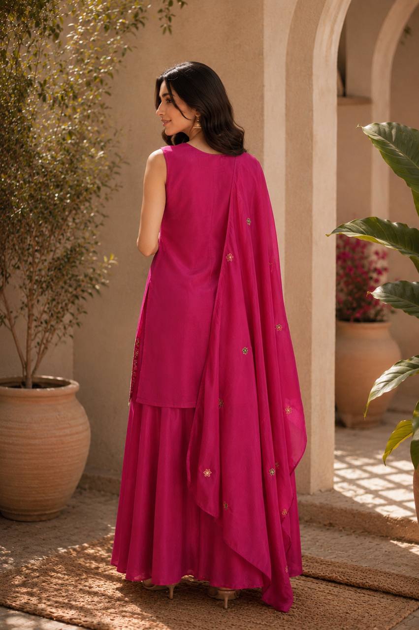 Magenta Pink Ethnic Kurta Set Featuring Intricate Multicolor Embroidery