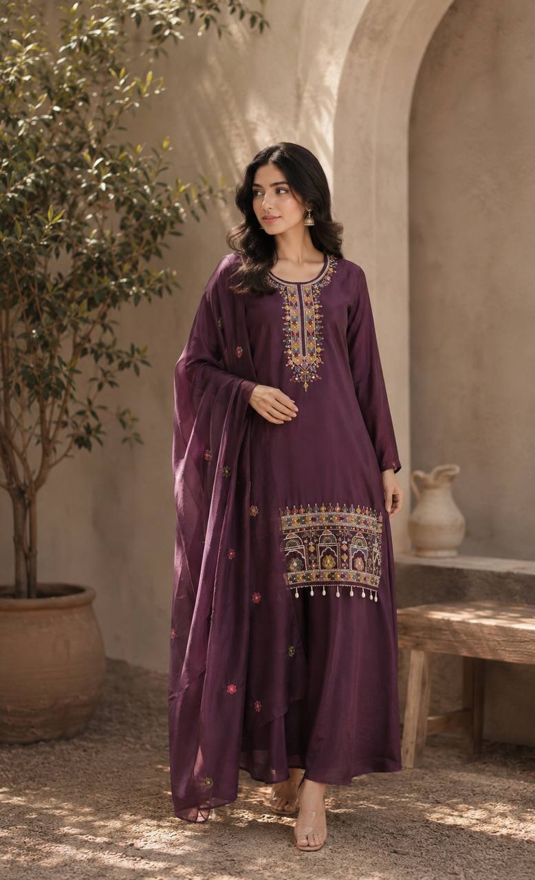 Purple Ethnic Kurta Set Featuring Intricate Multicolor Embroidery