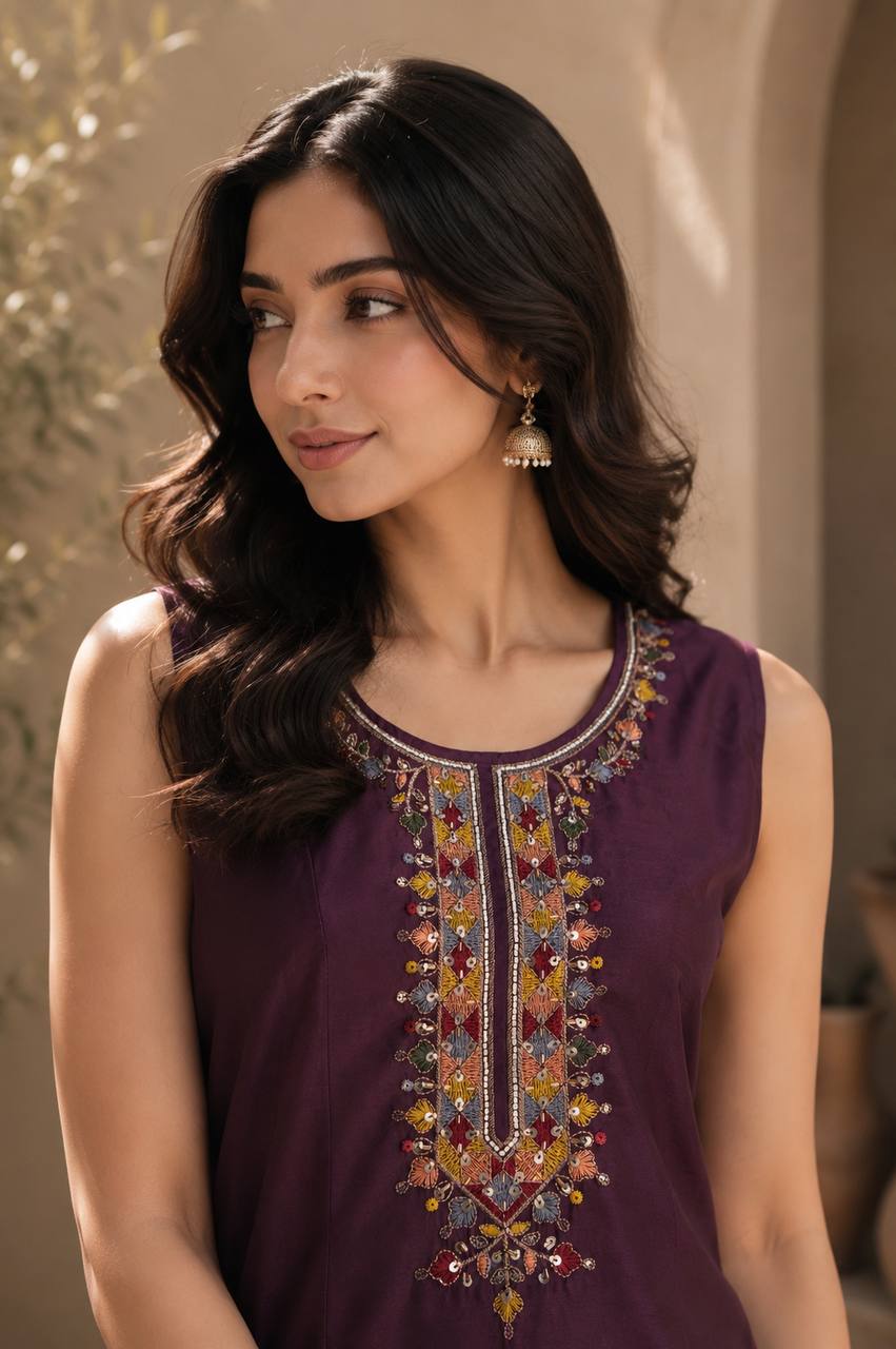 Purple Ethnic Kurta Set Featuring Intricate Multicolor Embroidery