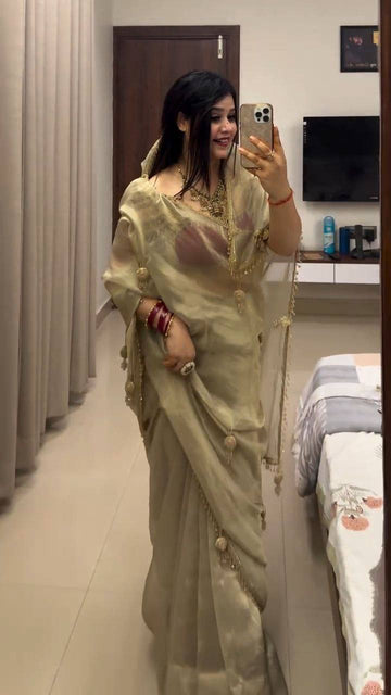 Soft Gold Fancy Saree with Red Blouse
