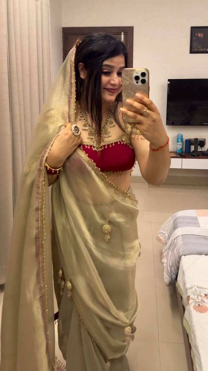 Soft Gold Fancy Saree with Red Blouse