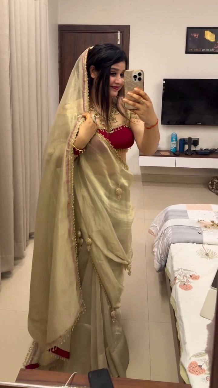 Soft Gold Fancy Saree with Red Blouse