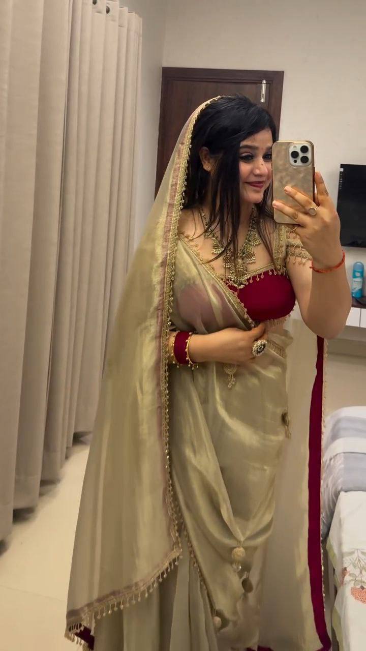 Soft Gold Fancy Saree with Red Blouse