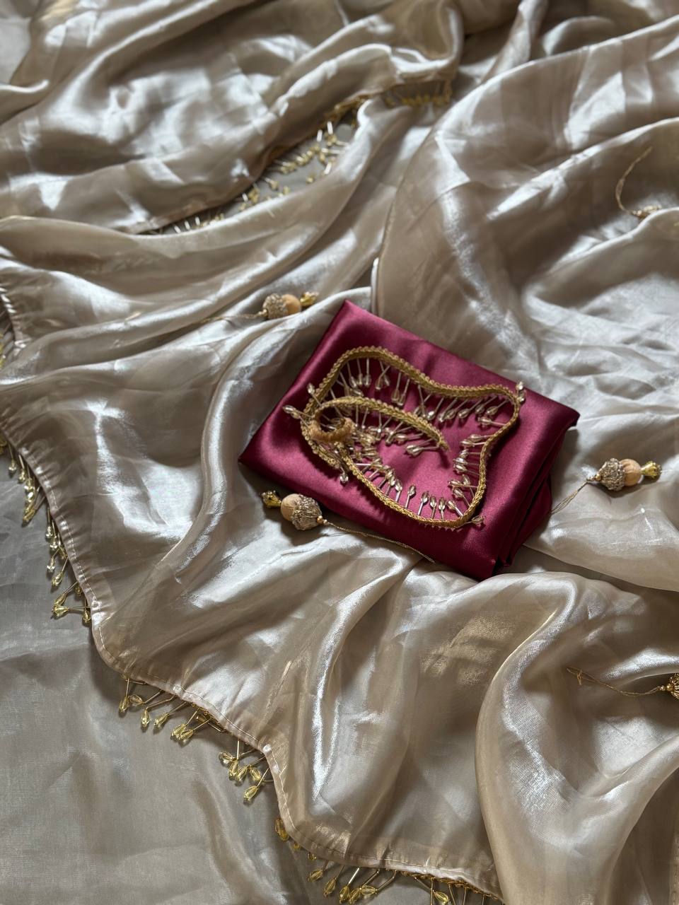 Soft Gold Fancy Saree with Red Blouse