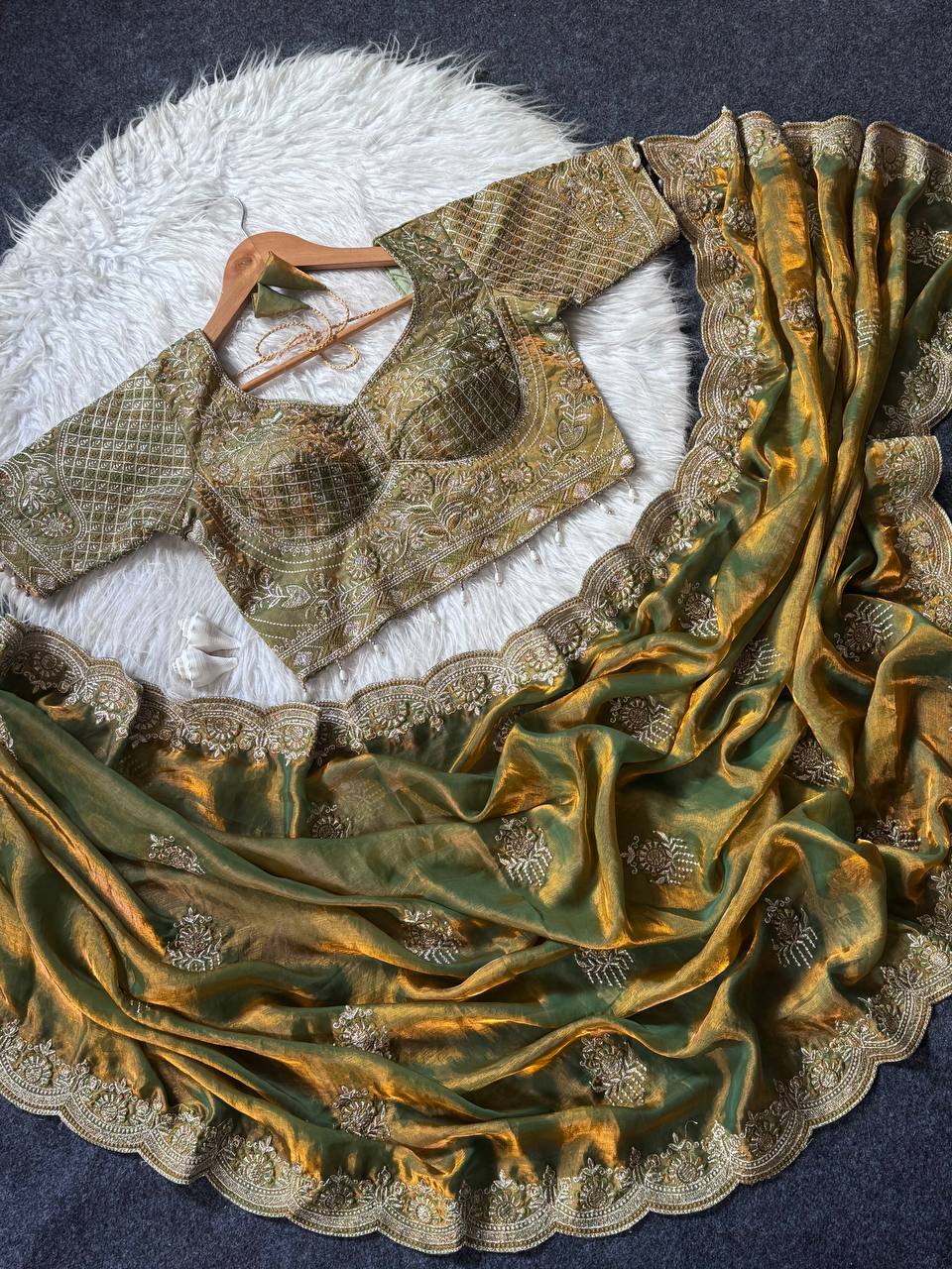 Soft fandy Satin With Embroidery Theard Work Saree