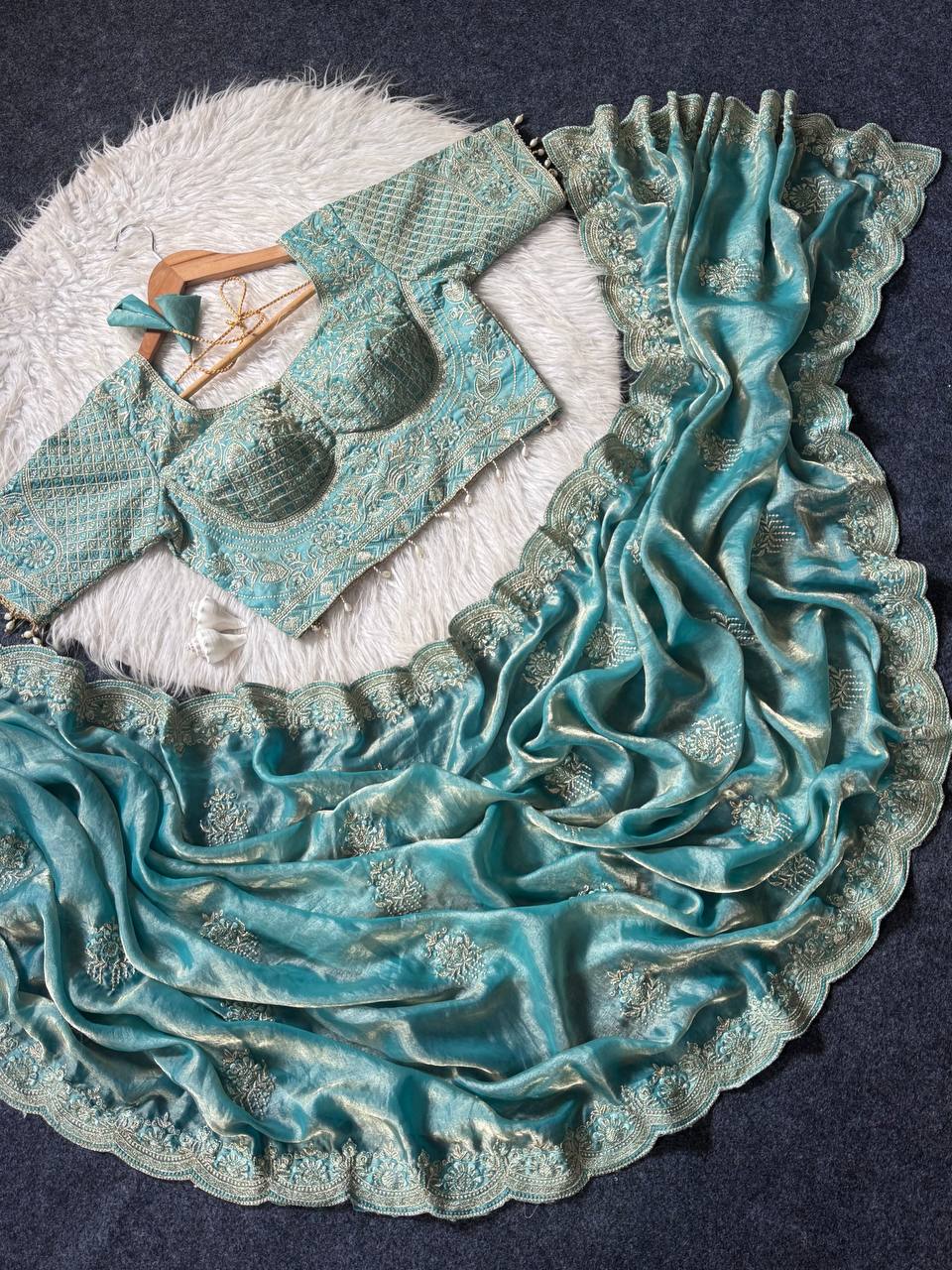 Soft fandy Satin With Embroidery Theard Work Saree