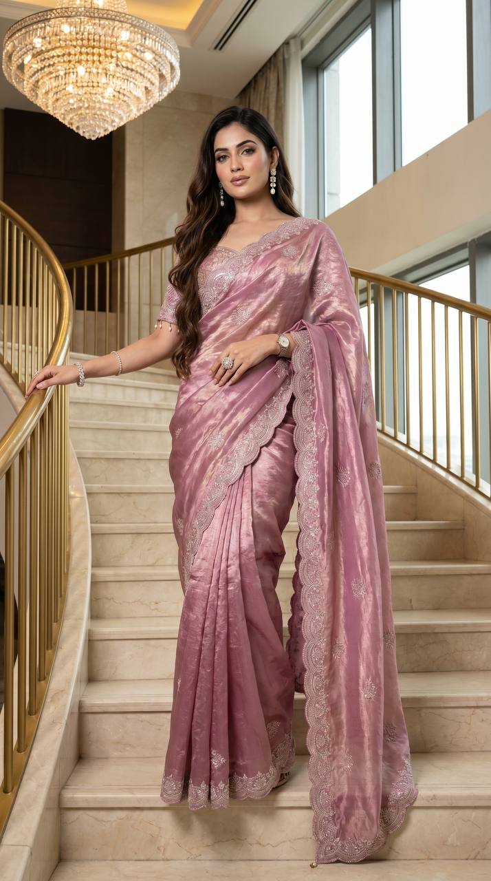 Soft fandy Satin With  Embroidery Theard Work Saree