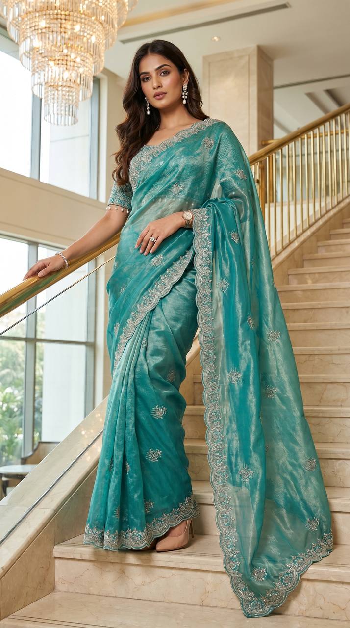 Soft fandy Satin With Embroidery Theard Work Saree