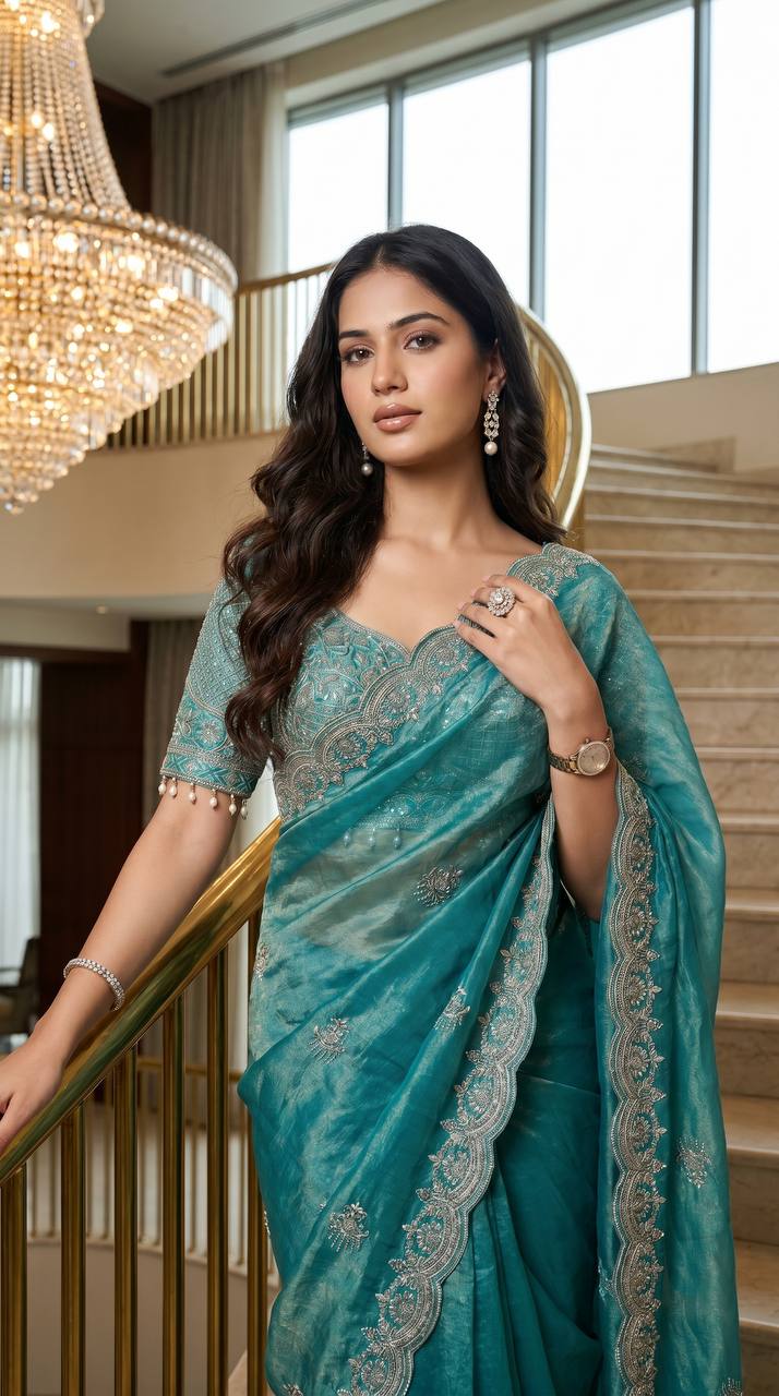 Soft fandy Satin With Embroidery Theard Work Saree