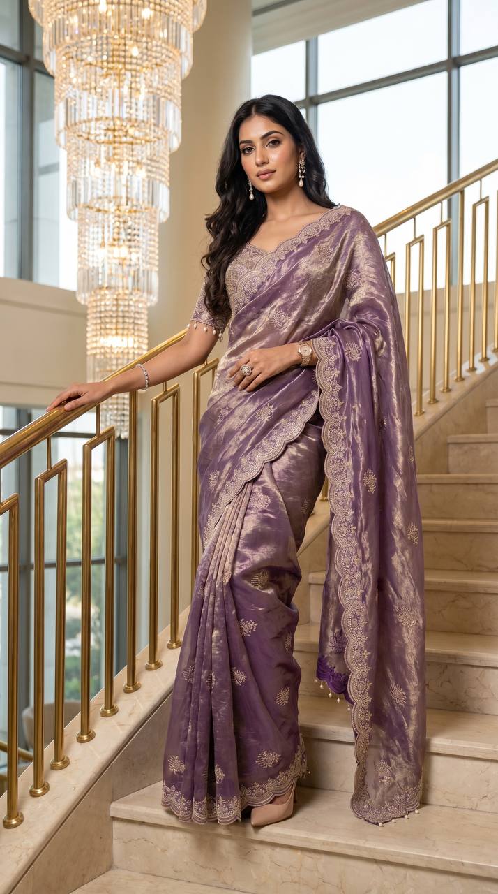 Soft fandy Satin With Embroidery Theard Work Saree