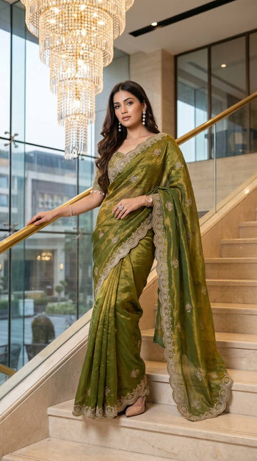 Soft fandy Satin With Embroidery Theard Work Saree