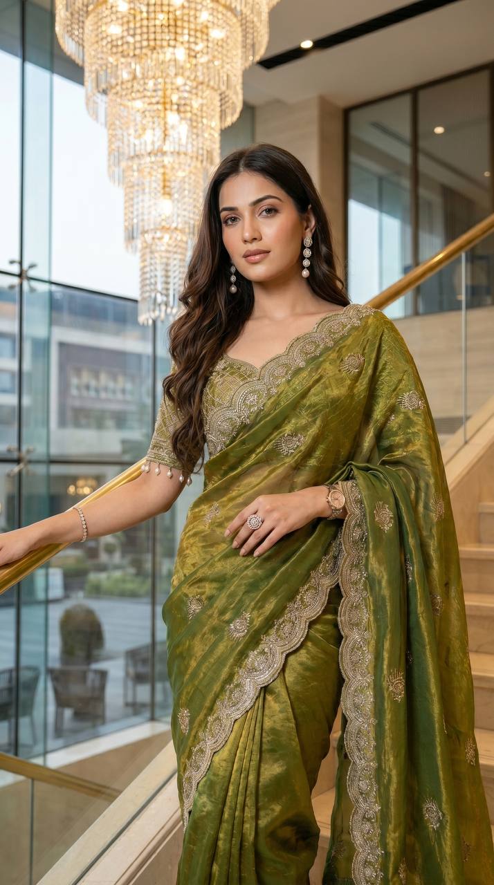 Soft fandy Satin With Embroidery Theard Work Saree