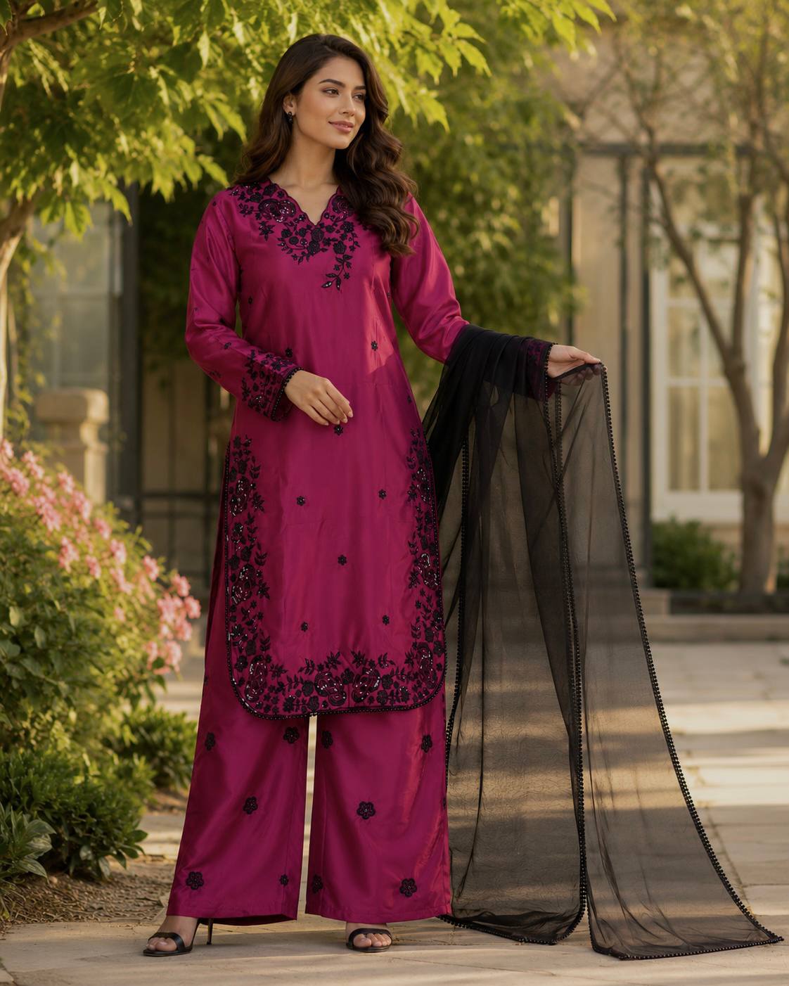 Pakistani-style heavy embroidered Kurta Palazzo Set