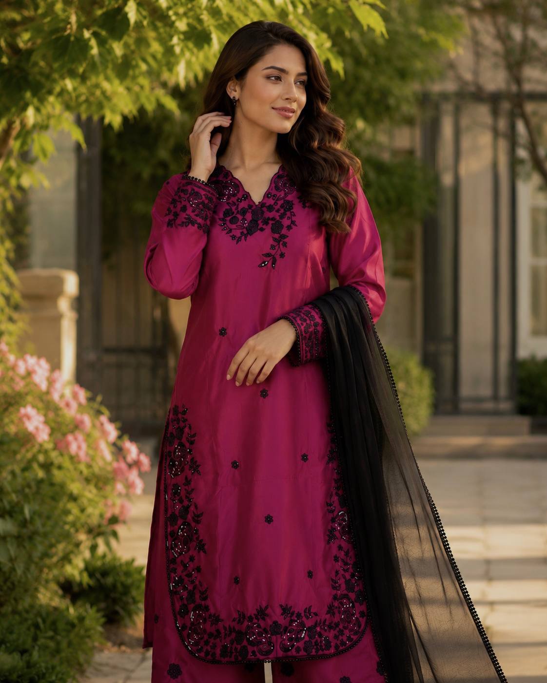 Pakistani-style heavy embroidered Kurta Palazzo Set