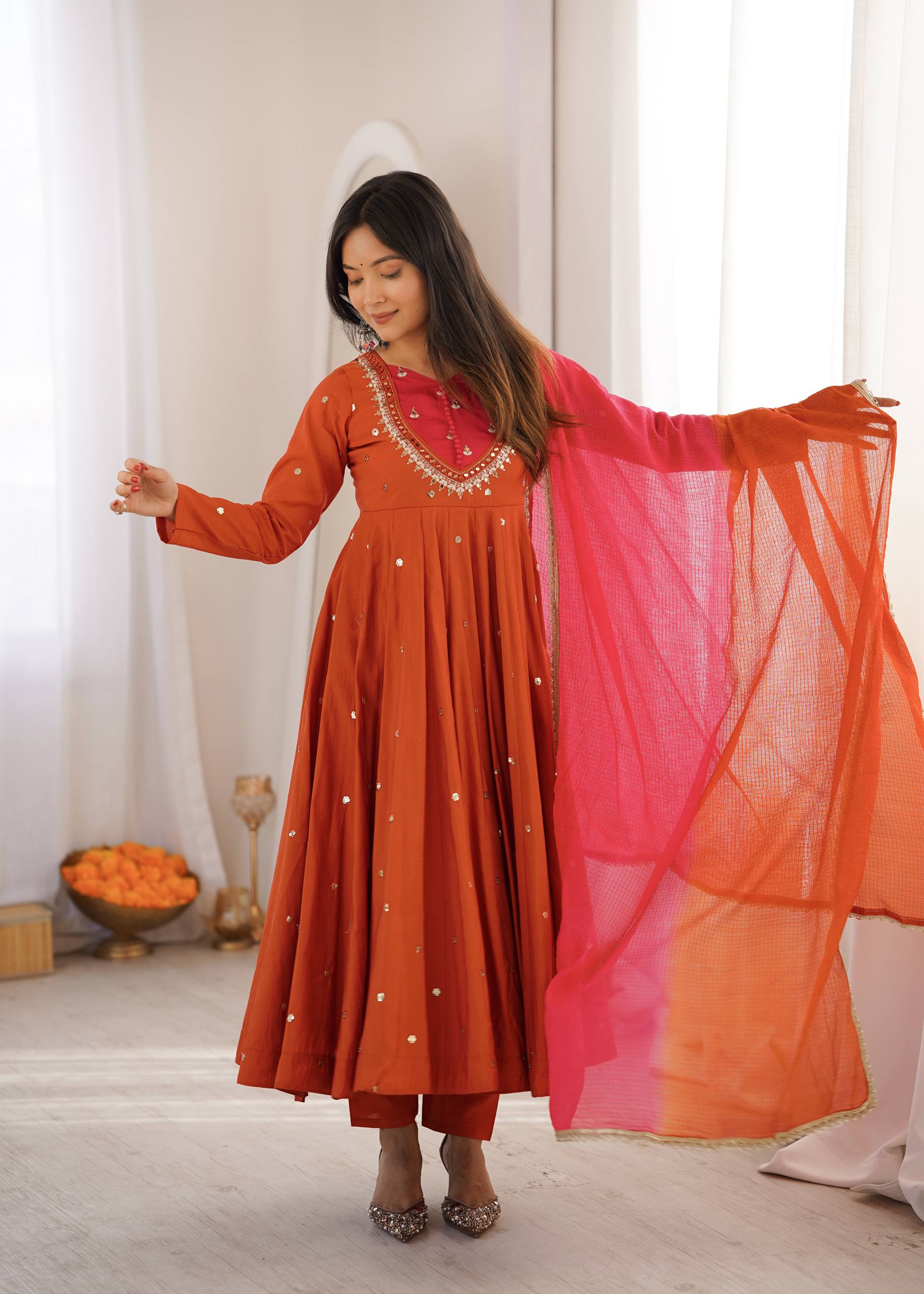Rust Orange  Roman Silk mirror work Anarkali suit