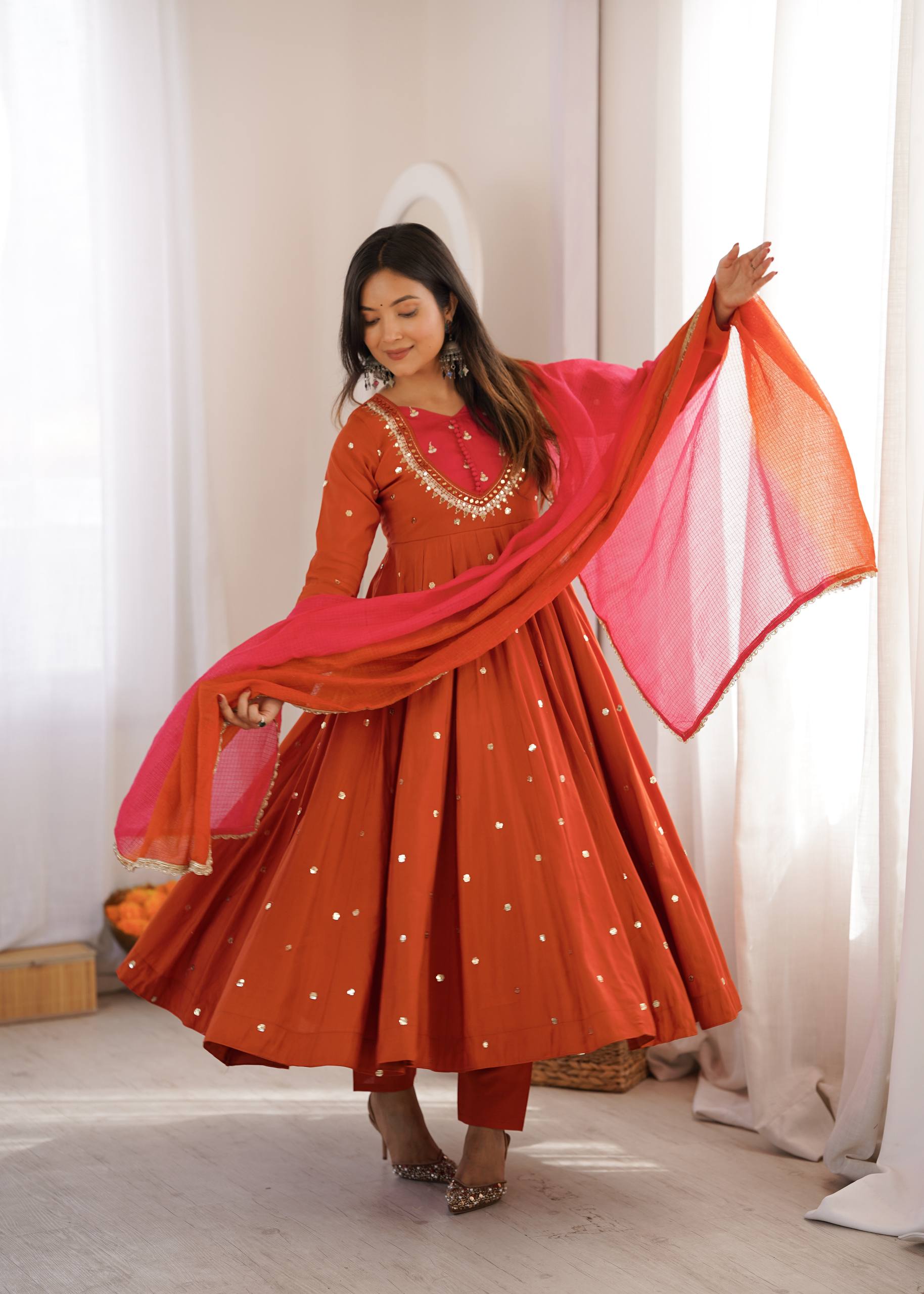 Rust Orange  Roman Silk mirror work Anarkali suit