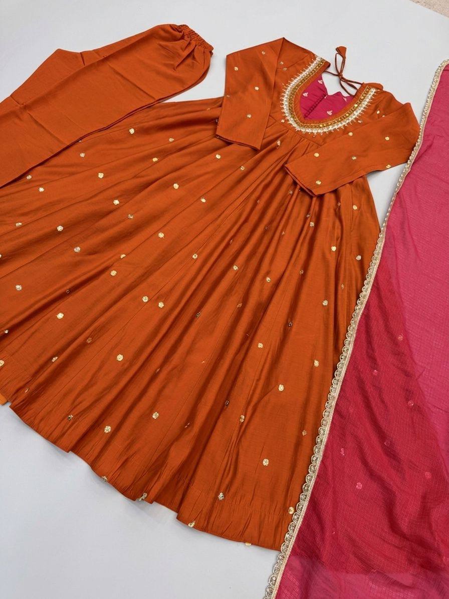 Rust Orange  Roman Silk mirror work Anarkali suit