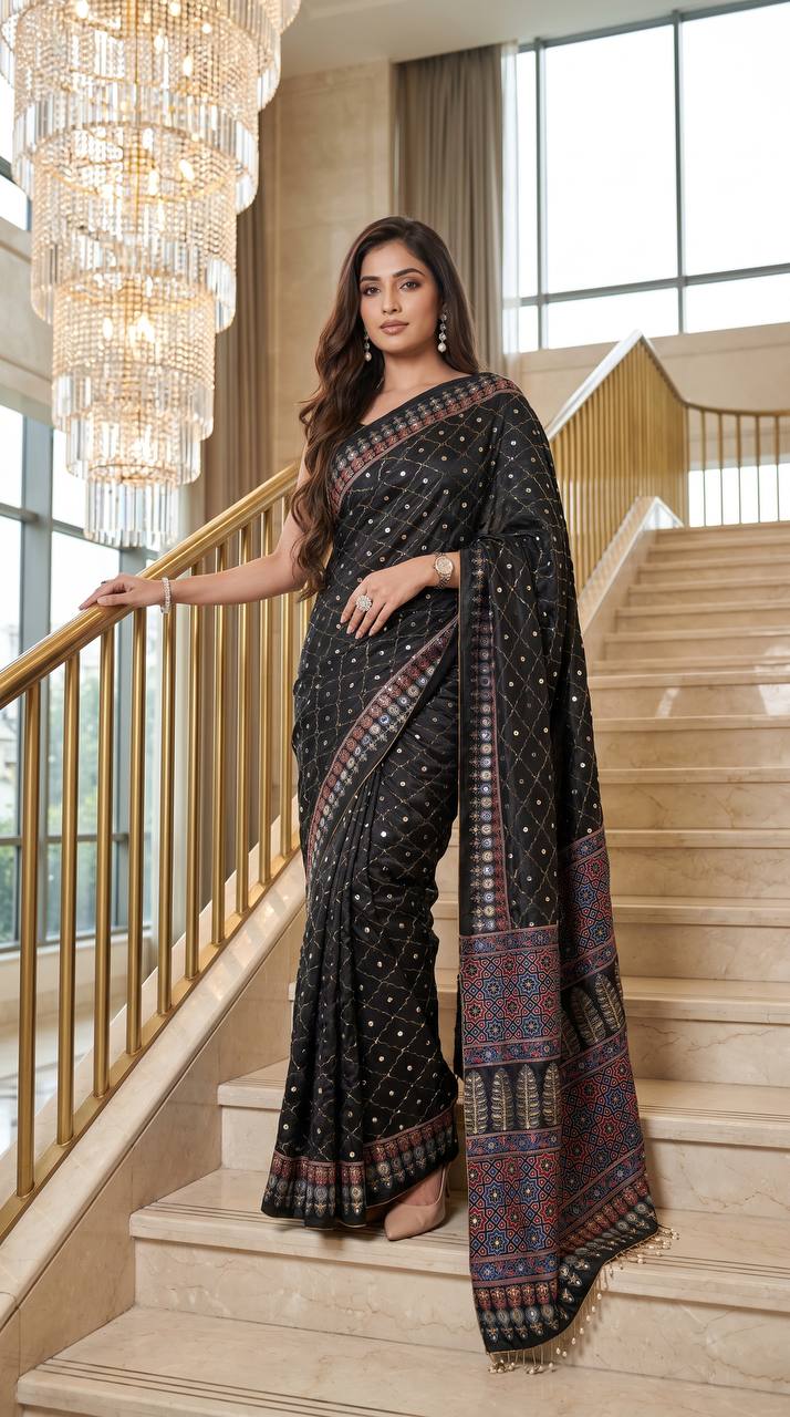 Black Satin Saree