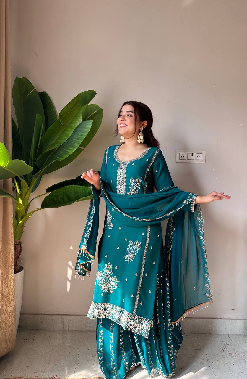 Vibrant Teal Blue Fox Georgette Embroidered Kurti and Sharara Set