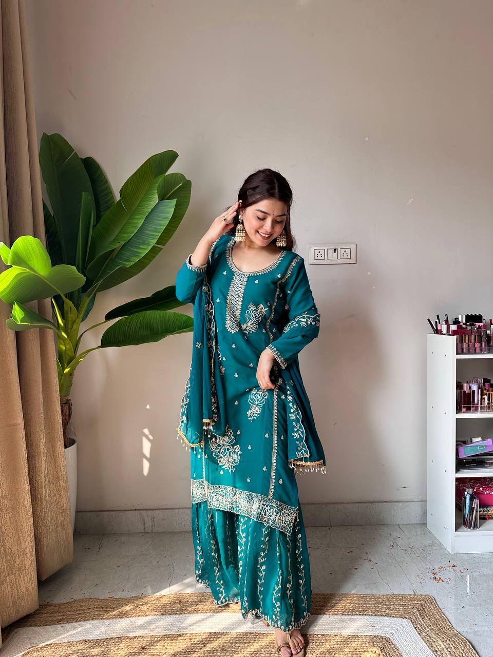 Vibrant Teal Blue Fox Georgette Embroidered Kurti and Sharara Set