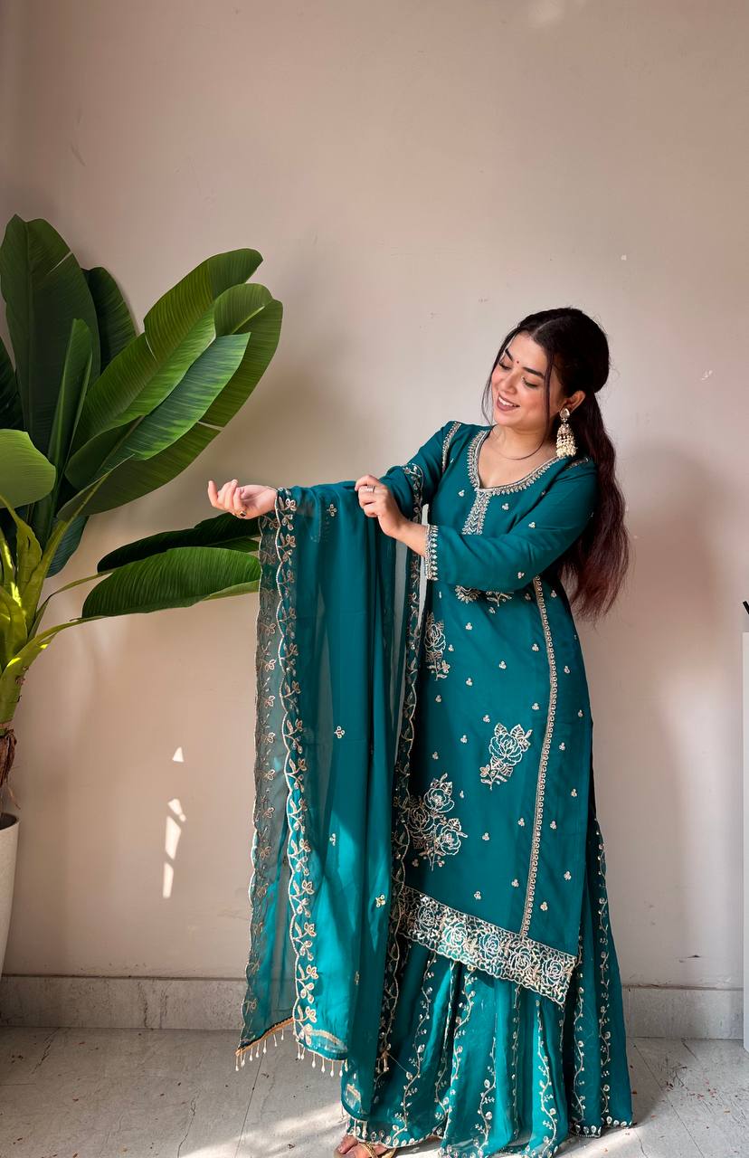 Vibrant Teal Blue Fox Georgette Embroidered Kurti and Sharara Set