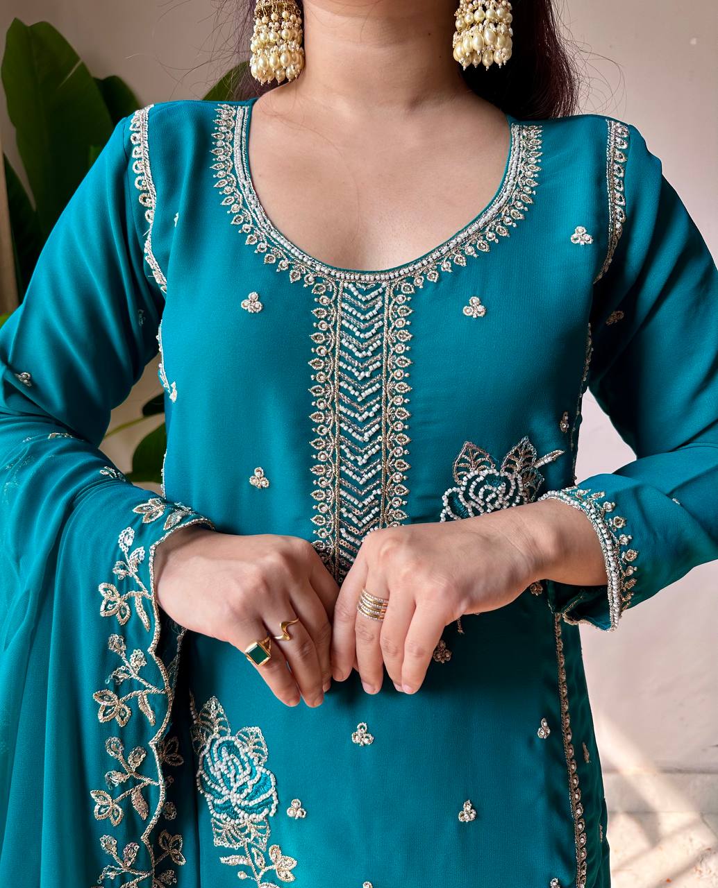 Vibrant Teal Blue Fox Georgette Embroidered Kurti and Sharara Set