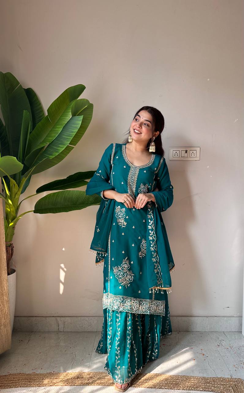 Vibrant Teal Blue Fox Georgette Embroidered Kurti and Sharara Set