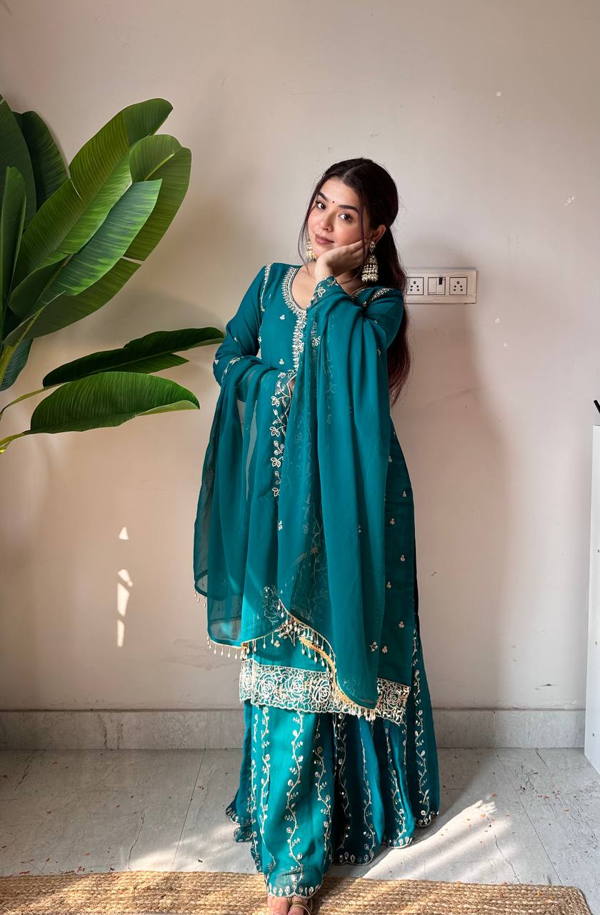 Vibrant Teal Blue Fox Georgette Embroidered Kurti and Sharara Set