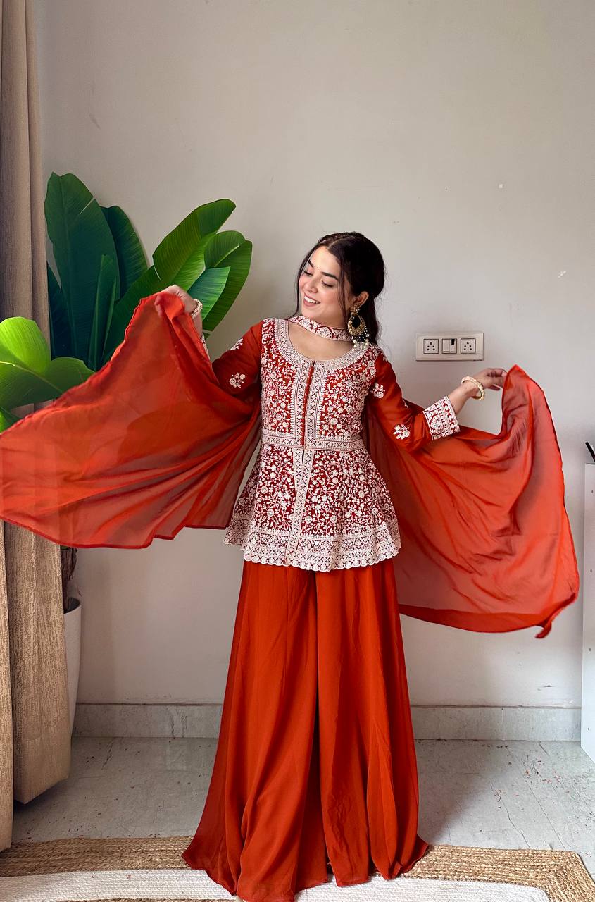 Rust Orange Georgette Peplum Top and Palazzo Set