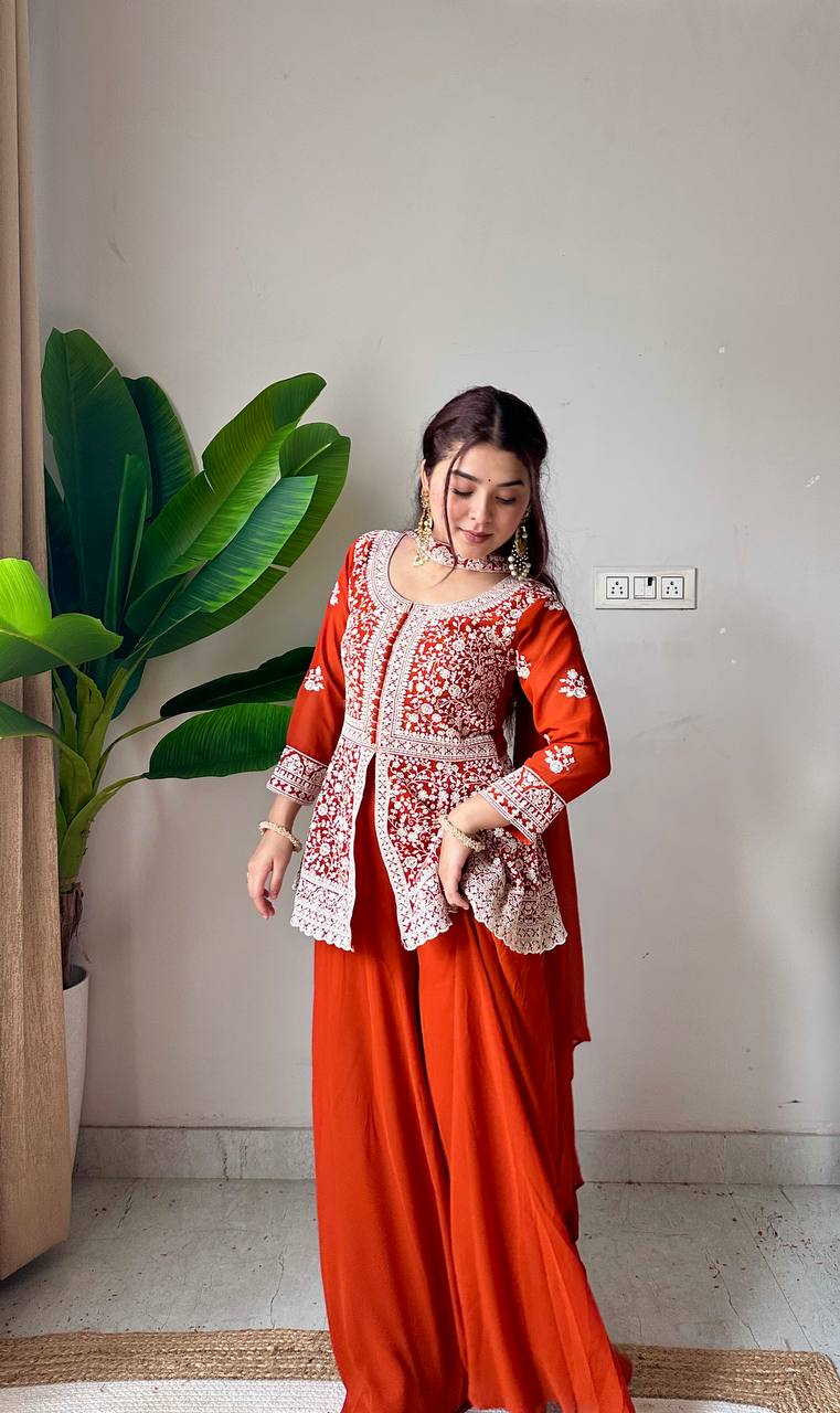 Rust Orange Georgette Peplum Top and Palazzo Set