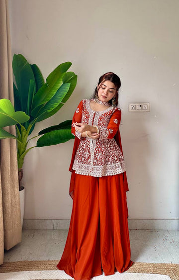 Rust Orange Georgette Peplum Top and Palazzo Set