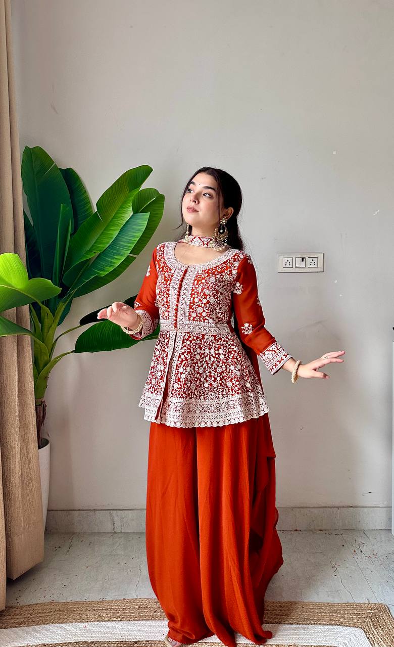 Rust Orange Georgette Peplum Top and Palazzo Set