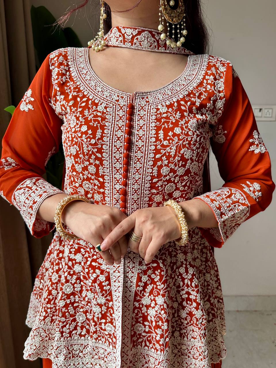 Rust Orange Georgette Peplum Top and Palazzo Set