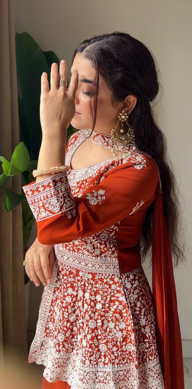 Rust Orange Georgette Peplum Top and Palazzo Set