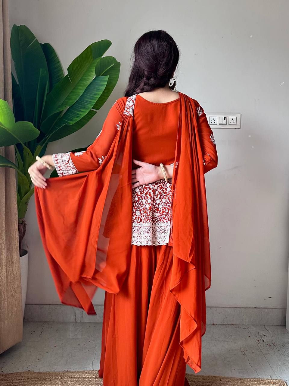 Rust Orange Georgette Peplum Top and Palazzo Set
