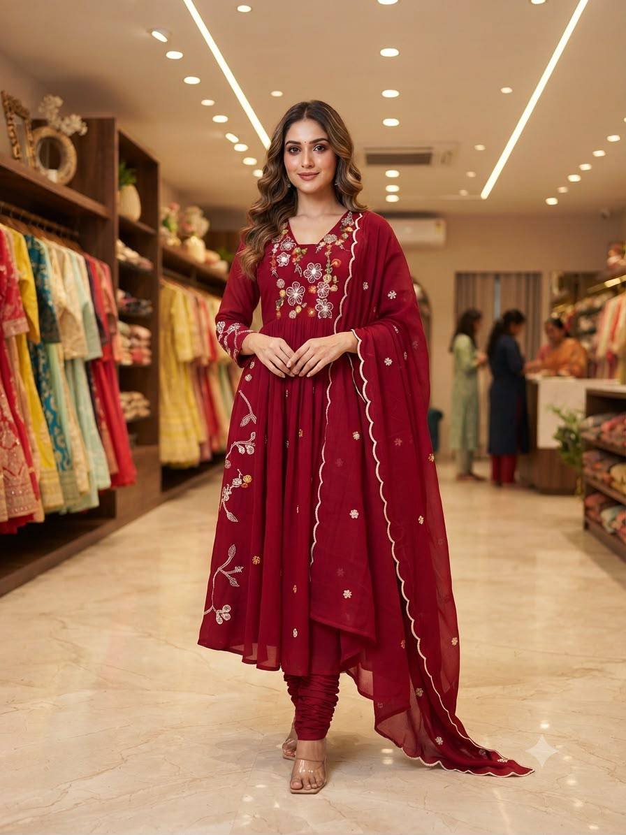 Maroon Mul Chanderi Anarkali Suit Set Features Intricate Floral Yoke Embroidery