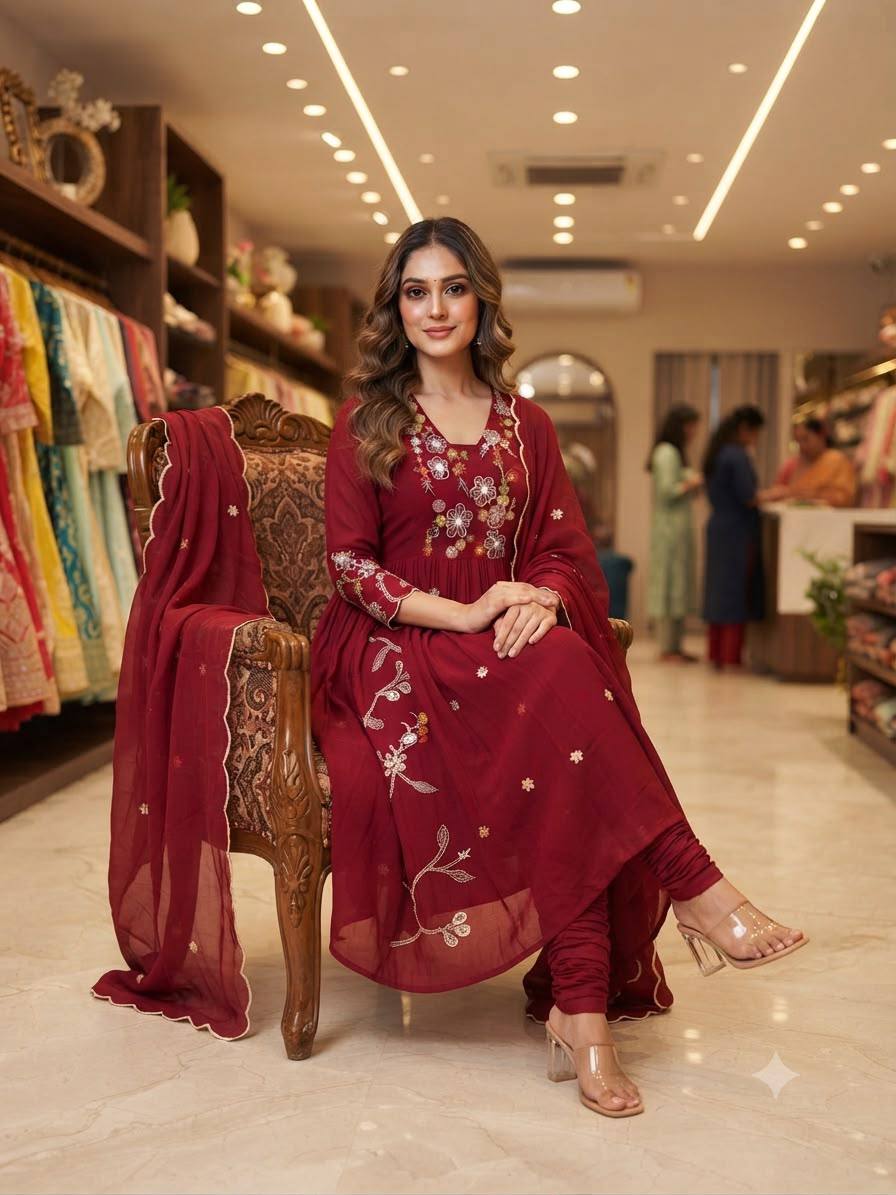 Maroon Mul Chanderi Anarkali Suit Set Features Intricate Floral Yoke Embroidery