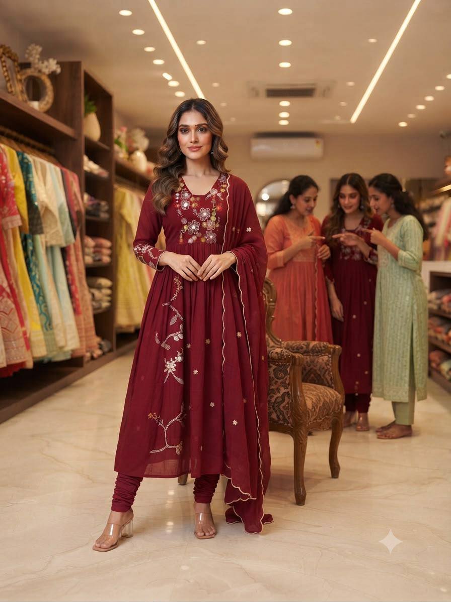 Maroon Mul Chanderi Anarkali Suit Set Features Intricate Floral Yoke Embroidery