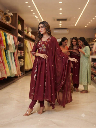 Maroon Mul Chanderi Anarkali Suit Set Features Intricate Floral Yoke Embroidery