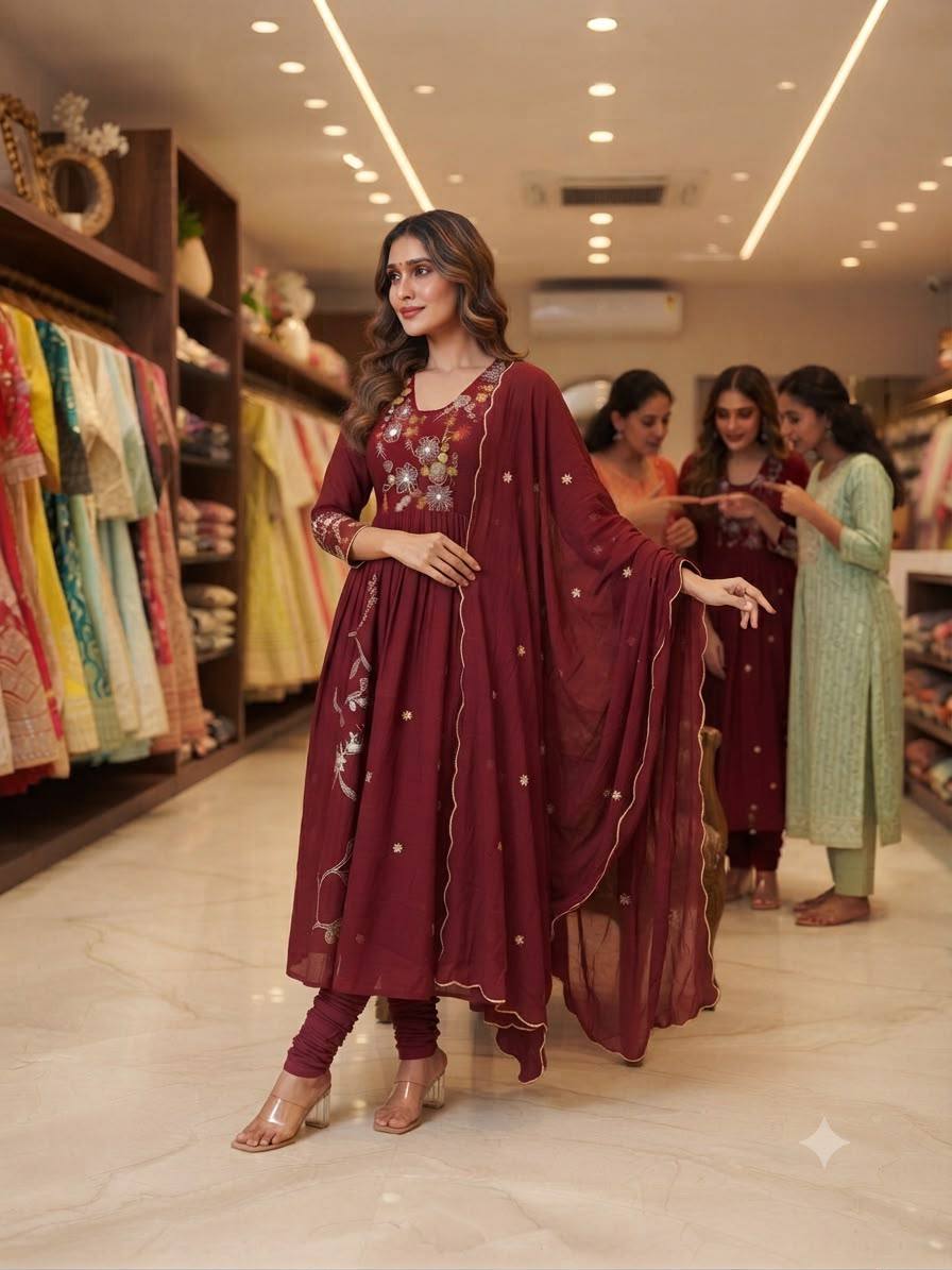 Maroon Mul Chanderi Anarkali Suit Set Features Intricate Floral Yoke Embroidery