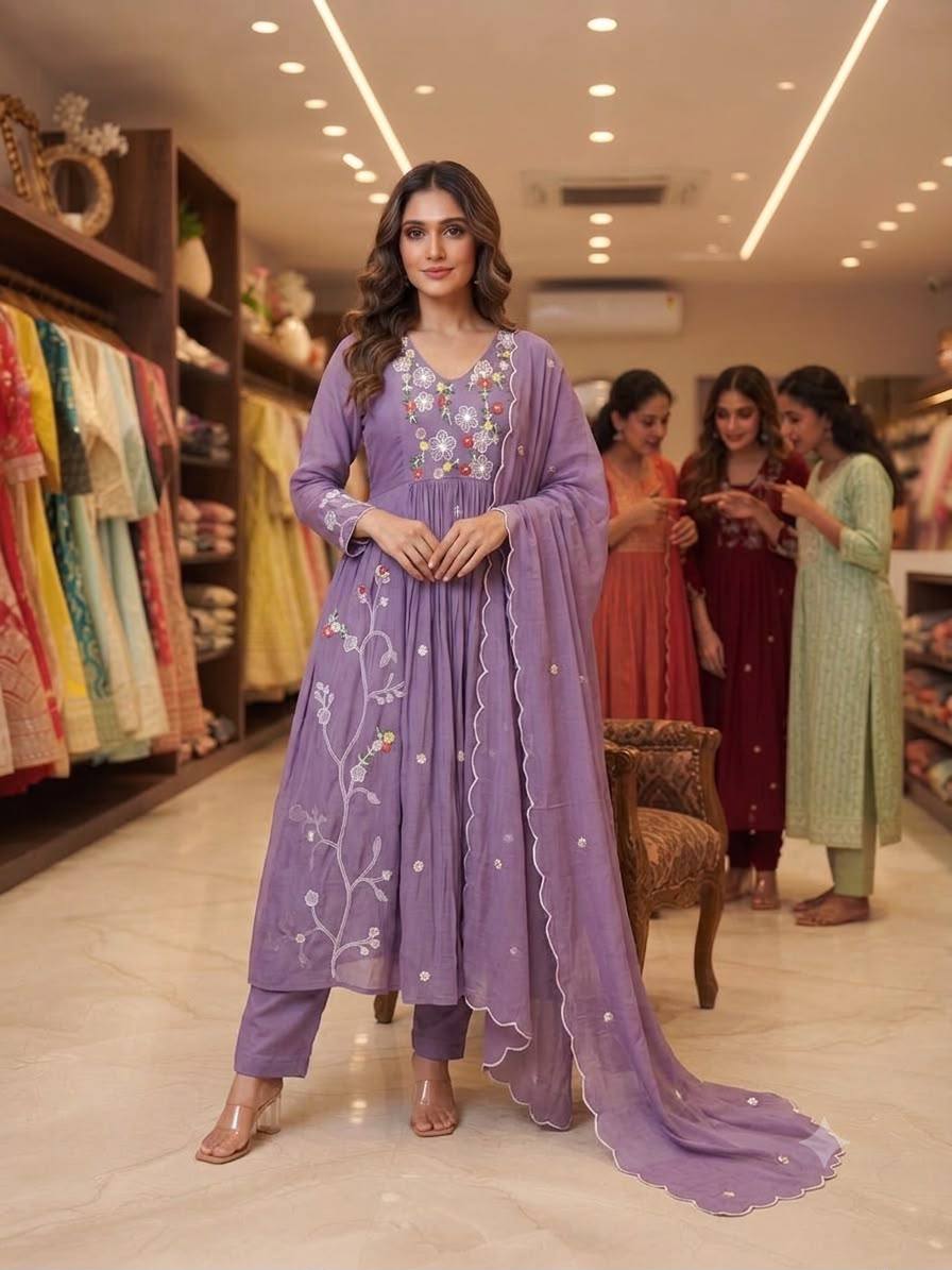 Lavender Mul Chanderi Pleated Anarkali Set Features Delicate Sequence Embroidery