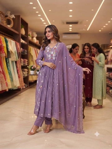 Lavender Mul Chanderi Pleated Anarkali Set Features Delicate Sequence Embroidery