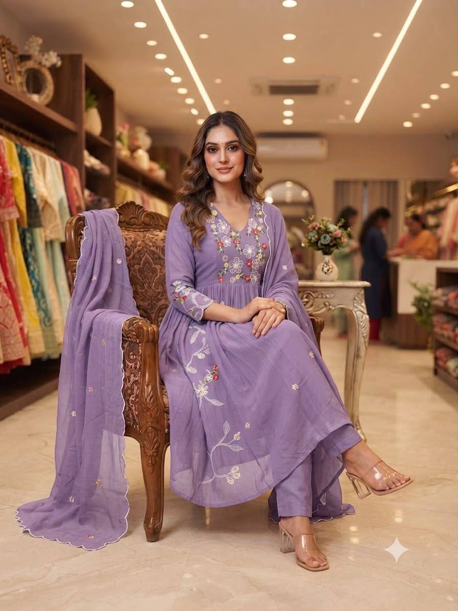Lavender Mul Chanderi Pleated Anarkali Set Features Delicate Sequence Embroidery