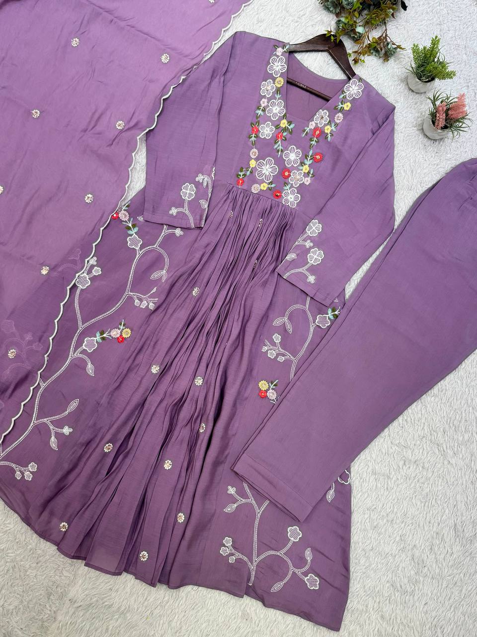 Lavender Mul Chanderi Pleated Anarkali Set Features Delicate Sequence Embroidery