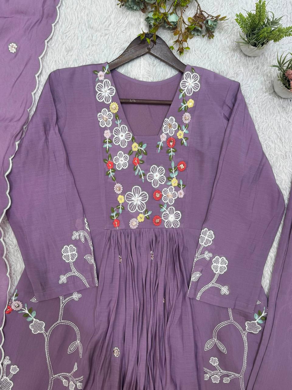Lavender Mul Chanderi Pleated Anarkali Set Features Delicate Sequence Embroidery