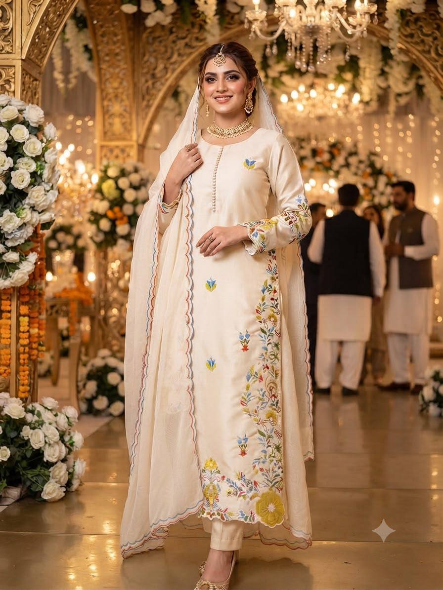 Ivory Embroidered Glass Roman Suit Set Featuring Vibrant Floral Threadwork
