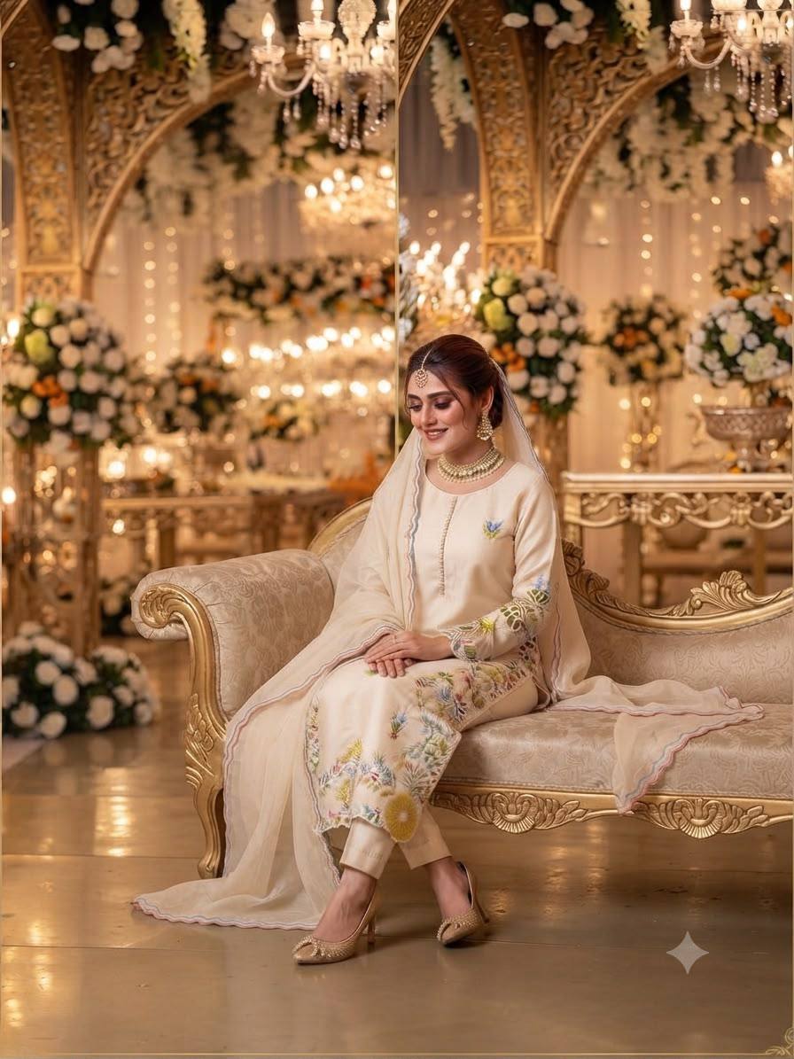 Ivory Embroidered Glass Roman Suit Set Featuring Vibrant Floral Threadwork