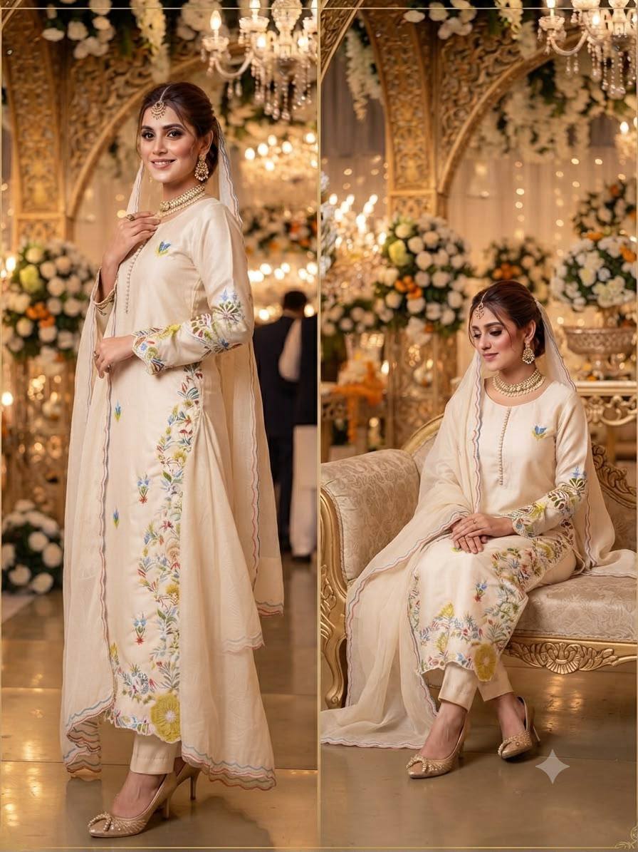 Ivory Embroidered Glass Roman Suit Set Featuring Vibrant Floral Threadwork