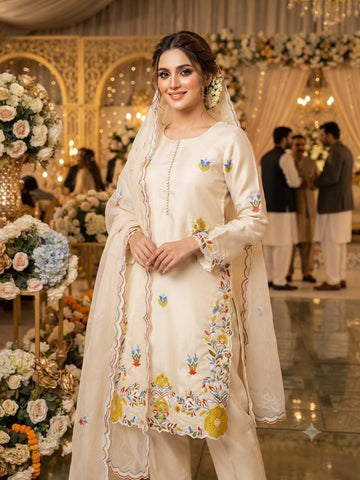 Ivory Embroidered Glass Roman Suit Set Featuring Vibrant Floral Threadwork
